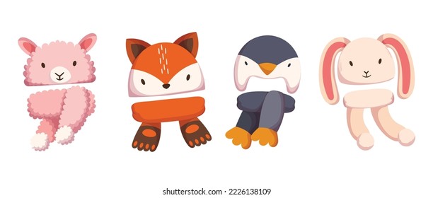 Set of Cute Kids Headwear, Funny Colorful Children Animal Hats for Autumn and Winter Seasons, Knitted and Textile Sheep, Fox, Dog, Penguin Caps for Cold Weather. Cartoon Vector Illustration