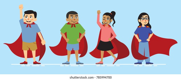 A set of cute kids illustration, boy and girl, using a cape as superhero costume