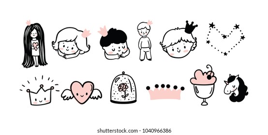 Set Of Cute Kids Logo. Little Prince And Princess Collection