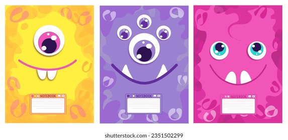 Set cute kids Monster cover design for notebooks, planners, brochures, children books. Vector cartoon printable illustration