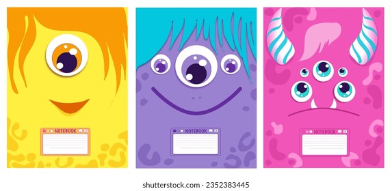 Set cute kids Monster cover design for notebooks, planners, brochures, children books. Vector cartoon printable illustration