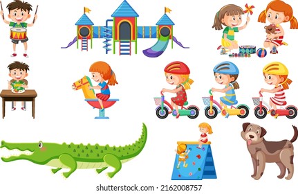 Set of cute kids and objects illustration