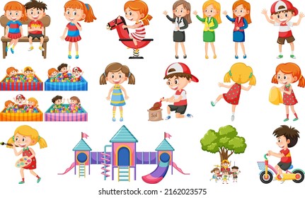 Set of cute kids and objects illustration