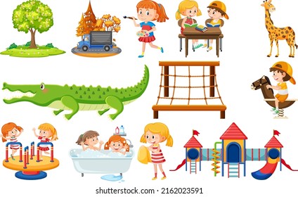 Set of cute kids and objects illustration