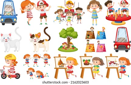 Set of cute kids and objects illustration