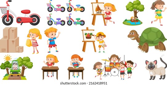 Set of cute kids and objects illustration