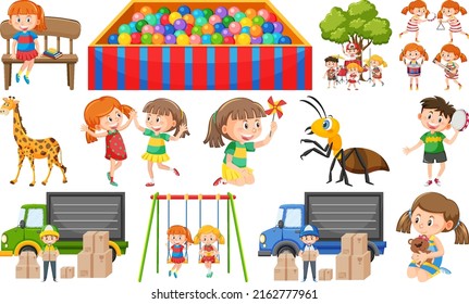 Set of cute kids and objects illustration