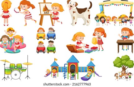 Set of cute kids and objects illustration