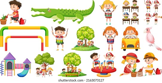 Set of cute kids and objects illustration