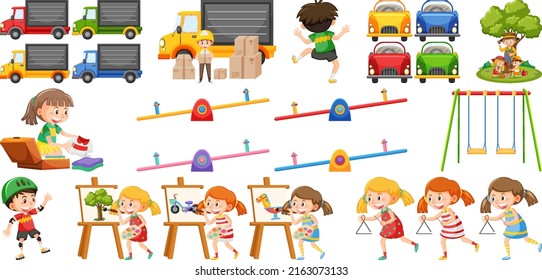 Set of cute kids and objects illustration