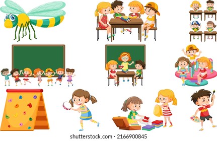 Set of cute kids and objects illustration