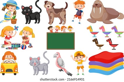 Set of cute kids and objects illustration