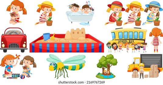 Set of cute kids and objects illustration