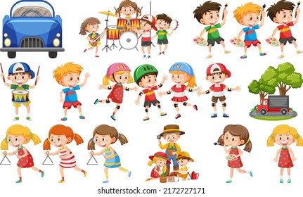 Set of cute kids and objects illustration