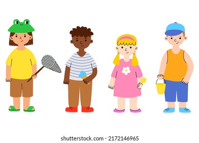 Set cute kids on summer vacation. Happy diversity children play in the sandbox, eat ice cream and catch butterflies. Kindergarten children have fun on a walk. Vector cartoon flat illustration.