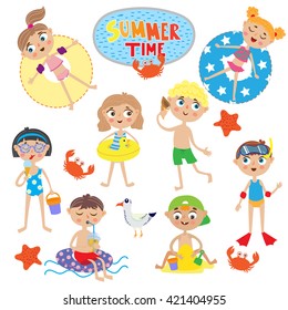 set of cute kids on summer holidays. isolated on white background