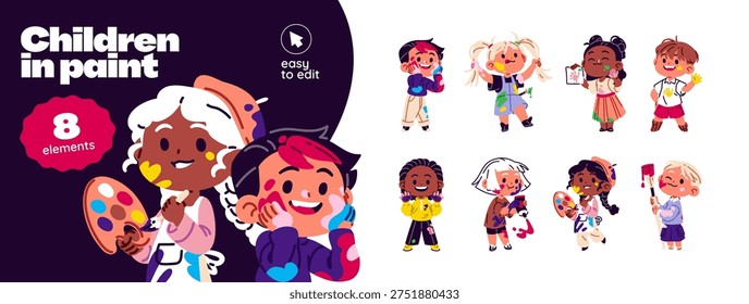 Set of cute kids in paint. Funny children are dirty with dye. Happy little painters with colourful spots, strokes on faces, hands. Child art and creativity. Flat isolated vector illustration on white