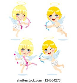 Set of cute kids playing dressed in cupid costume holding bow and arrow smiling