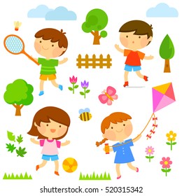 set of cute kids playing outdoors and elements of nature