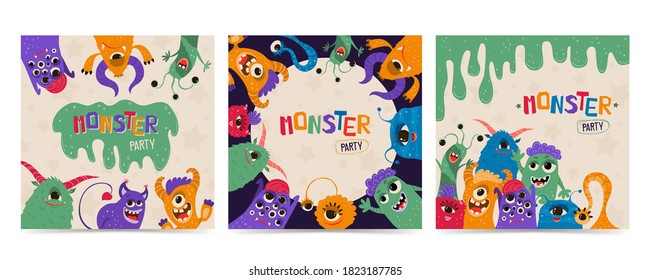 Set cute kids poster with monsters in cartoon style. Party invitation template with funny characters. Greeting card for a holiday, birthday. Vector illustration