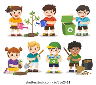 Set of A cute kids. Save Earth. Waste recycling. Kids planted and watering young trees. they are gathering garbage and plastic waste for recycling. Isolated vector.