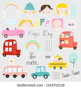 Set of cute kids stickers with girls, cars and other elements. Vector hand drawn illustration.