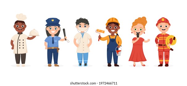 Set of cute kids in various professions. Smiling boys and girls in uniform with professional equipment. Vector illustration.