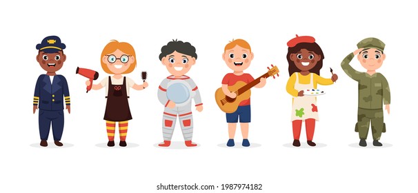 Set of cute kids in various professions. Smiling boys and girls in uniform with professional equipment. Vector illustration.