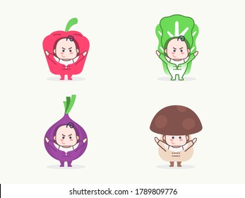 set of cute kids with vegetables costume vector illustration