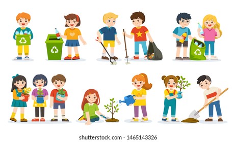 Set of Cute kids volunteers . Save Earth. Waste recycling. Kids planted and watering young trees. they are gathering garbage and plastic waste for recycling. Isolated vector.