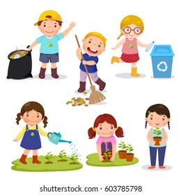 Set of cute kids volunteers. Save Earth. Waste recycling. Girls planted and watering young trees. Kids gathering garbage and plastic waste for recycling.