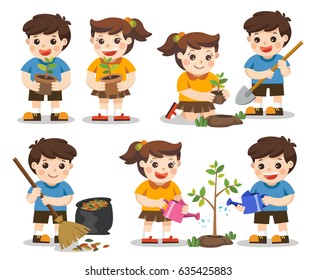 Set of cute kids volunteers. Save Earth. they planted and watering young trees. A cute boy gathering garbage.