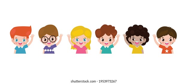 set of cute Kids waving hands, little children Smiling and greeting gesture Cheerful elementary school students, kindergarten pupil cartoon character hello flat vector illustration on white background