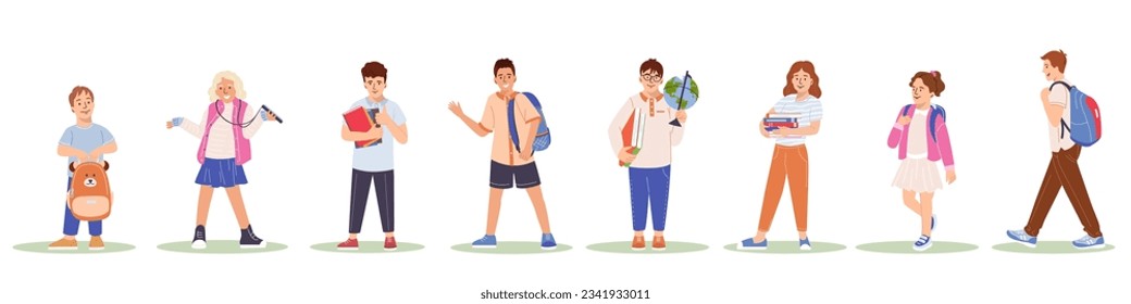 Set of cute kids wear uniform with backpack going to primary or secondary school Educational year beginnin Back to school Collection of funny pupils cartoon flat vector illustration isolated on white