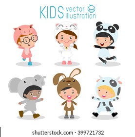 Set of cute kids wearing animal costumes isolated on white background, Little children in their Animal Costumes, Kid with animals costume, cute child in costume,Vector Illustration.