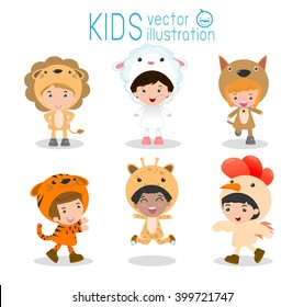 Set of cute kids wearing animal costumes isolated on white background, Little children in their Animal Costumes, Kid with animals costume, cute child in costume,Vector Illustration.