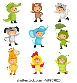 Set of cute kids wearing animal costumes. Kids as alligator, bear, cat, dog, elephant, frog, giraffe, hen, inchworm.