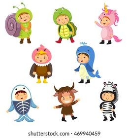 Set of cute kids wearing animal costumes. Kids as snail, turtle, unicorn, vulture, whale, x-ray fish, yak, zebra.