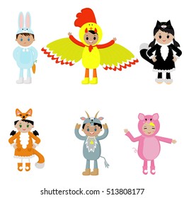 Set of cute kids wearing animal costumes. A costume, cock, hare , cat, Fox, goat, pig. Vector illustration