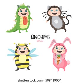Set of cute kids wearing animal costumes isolated on white background, Kid with animals costume, cute child in costume