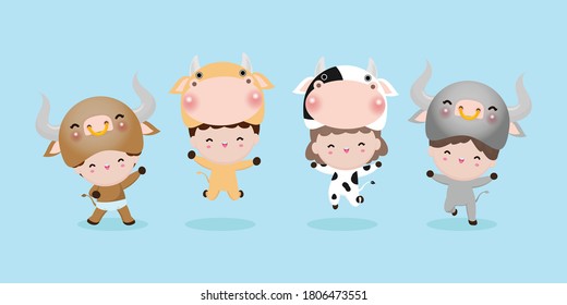 Set of cute kids wearing cow animal costumes isolated on background, Little children in their ox Animal Costumes, cute child in cosplay happy new year party 2021 Vector Illustration.