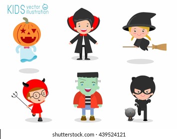 set of Cute kids wearing Halloween monster costume on white background, Happy Halloween Party, children wearing Halloween cosplay child and mascot Halloween vector illustration