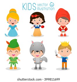Set of cute kids wearing story costumes isolated on white background, Little children in their fairy tale Costumes,cartoon story people, cute child in costume ,child and fairytale story, Vector 