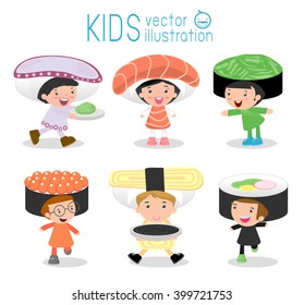 Set of cute kids wearing Sushi costumes isolated on white background, Little Cute children in costumes Sushi, children dressed like  Japanese food, cute child in costume,Vector Illustration.