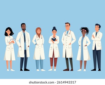 Set of cute kind doctors, women and men, on blue background. Vector illustrations. 