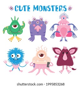 Set with cute and kind monsters. Vector illustration. Characters