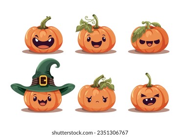 A set of cute, kind pumpkins for Halloween. carved kind faces. Cartoon style, for preschool children for printing in children's books.