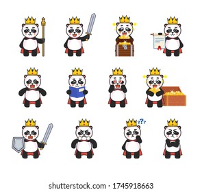 Set of cute king panda characters in various situations. Panda with golden crown and red robe holding sword, reading book, standing near treasure chest and showing other actions. Vector illustration