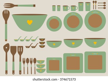 Set of cute kitchenware on brown backgrounds