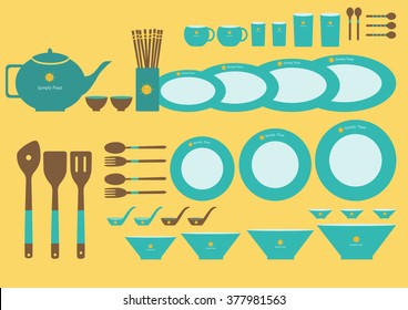 Set of cute kitchenware on yellow backgrounds